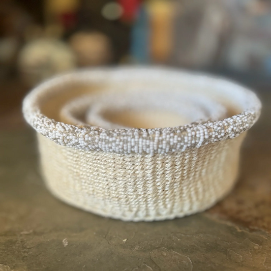 Sisal Beaded Basket – Cream Elegance, Handwoven with Purpose