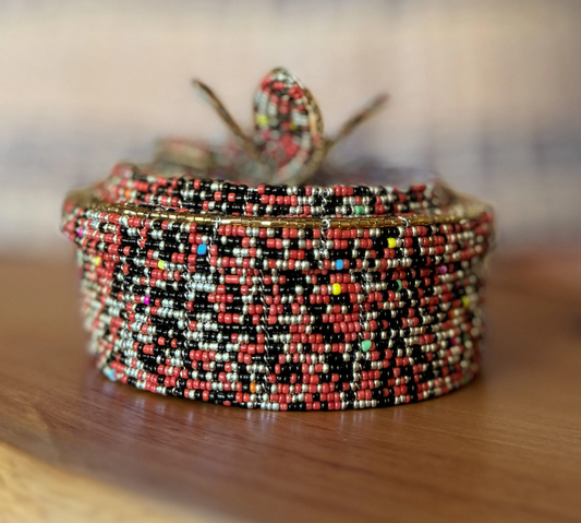 Handmade Beaded Basket with Lid – Iridescent Kenyan Craft with Global Impact