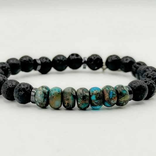 Black Lava & African Turquoise Bead Bracelet with Signature Chwabasi Seed