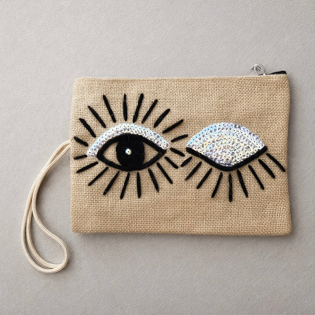 Silver Sequined Embroidered Eye Wink Makeup Bag