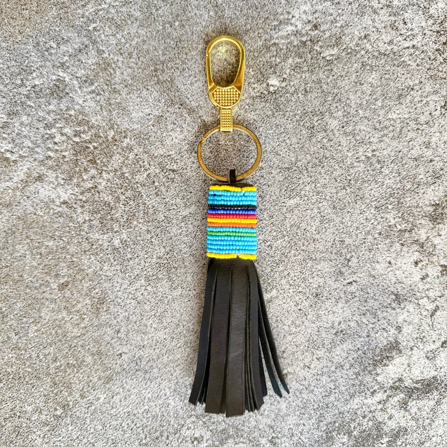 Handcrafted Maasai Beaded Leather Keychain (Aquamarine w/ Gold Ring & Hook)