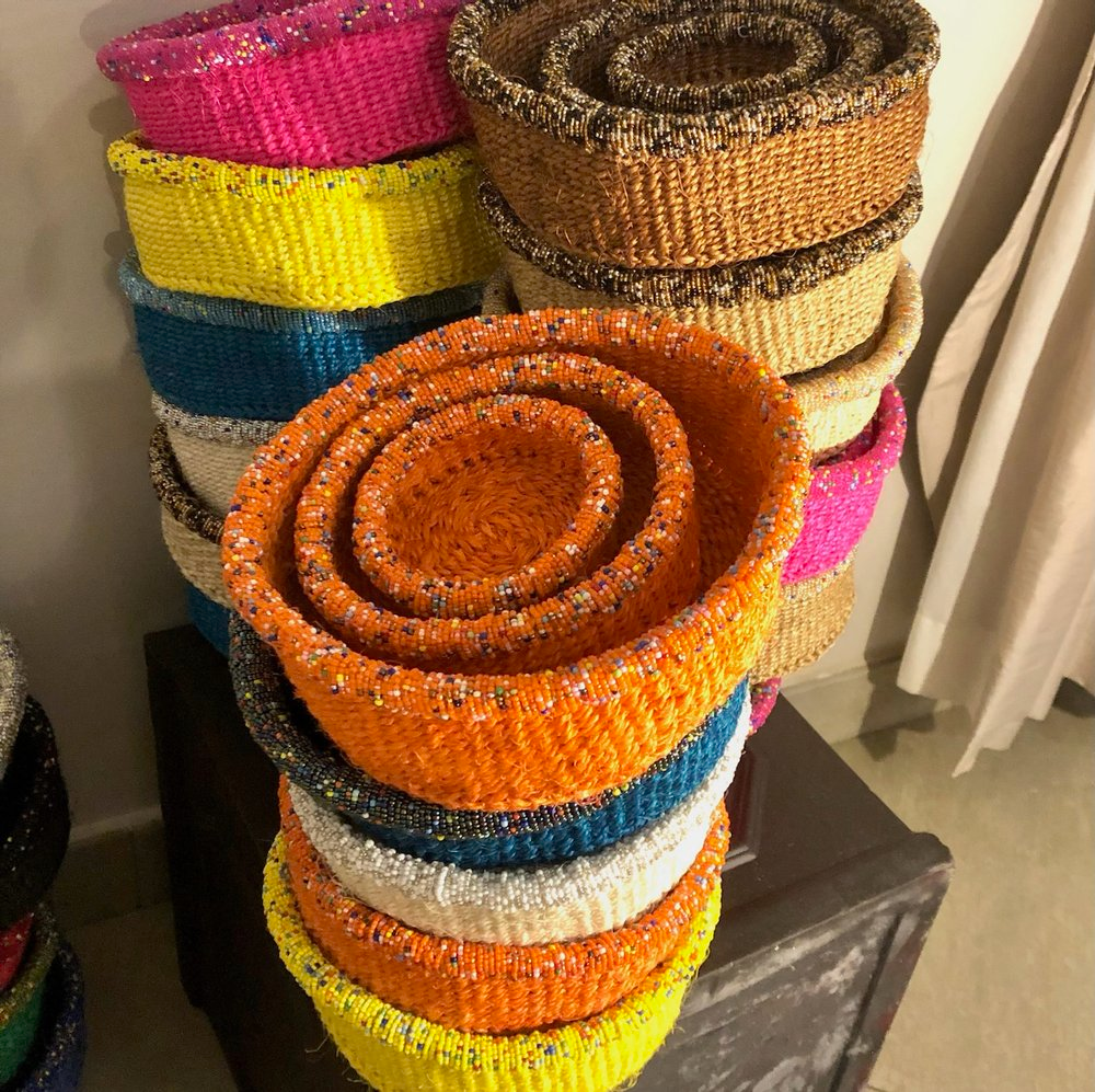 Sisal Beaded Basket - Cream basket with cream beads