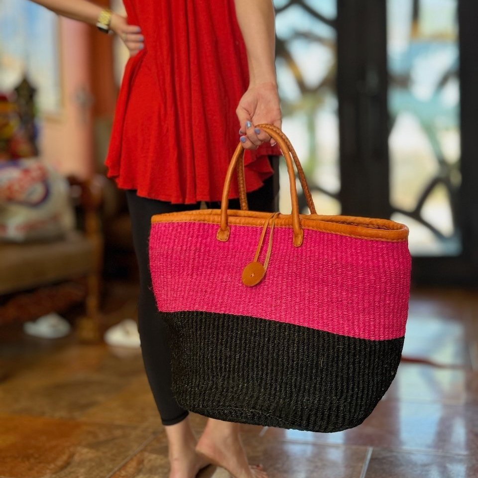 Sisal Large Tote _ Pink and Black.