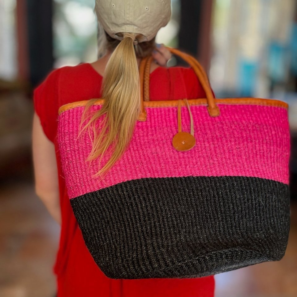 Sisal Large Tote _ Pink and Black.