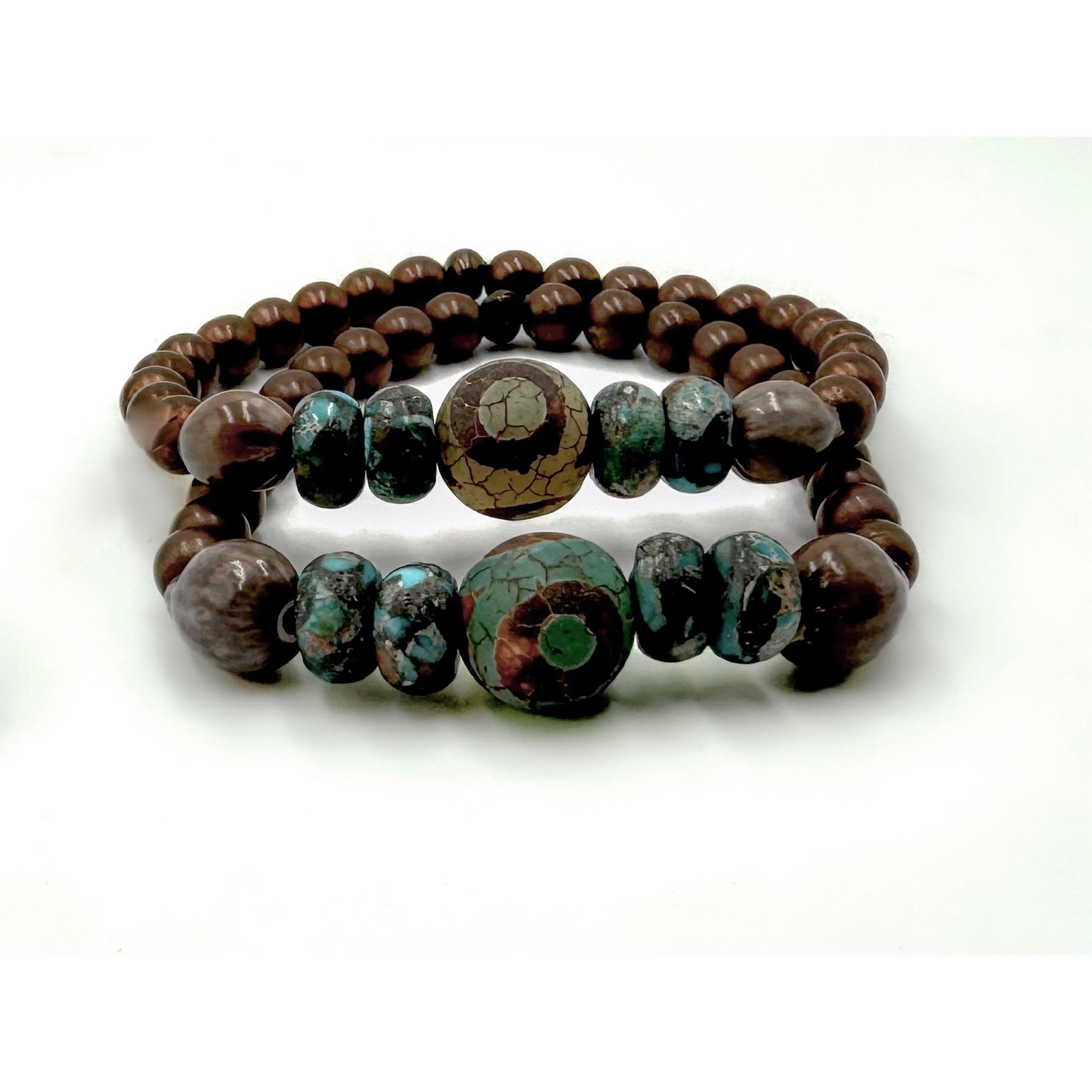 Bronze Hematite, African Turquoise, Chwabasi Seed with a Picasso Jasper Center Bead Bracelet