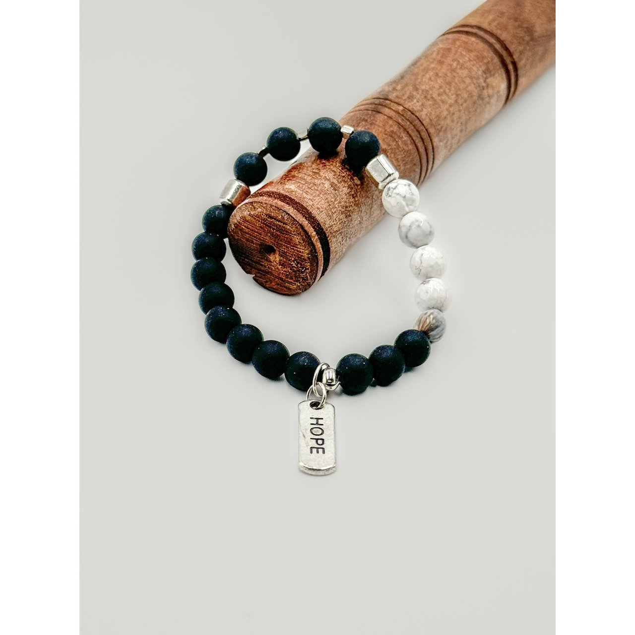 Matte Black Onyx and White Faceted Howlite Beads with Hope charm