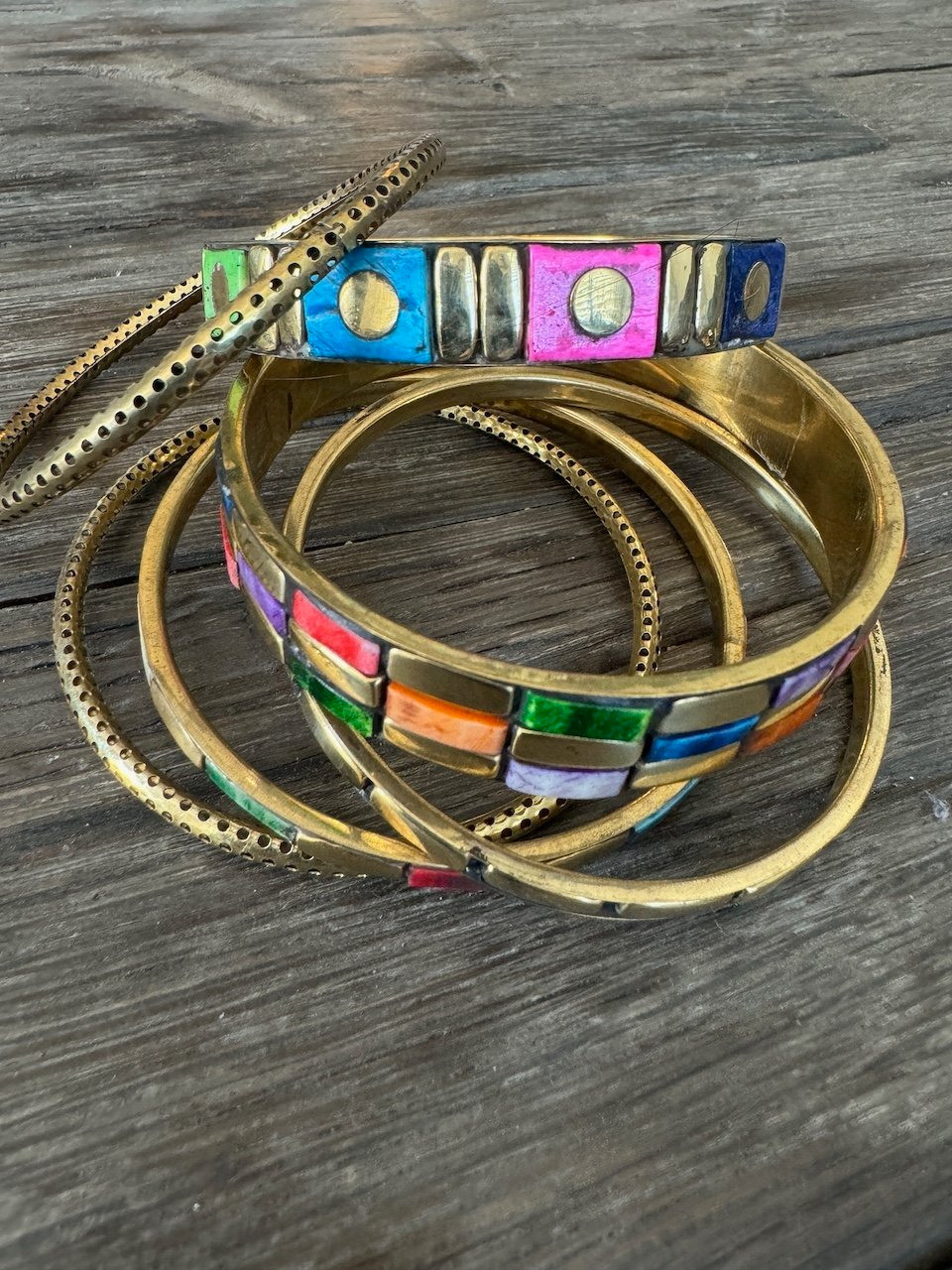 Gold Bangle with Three Rows of Colorful Rectangle