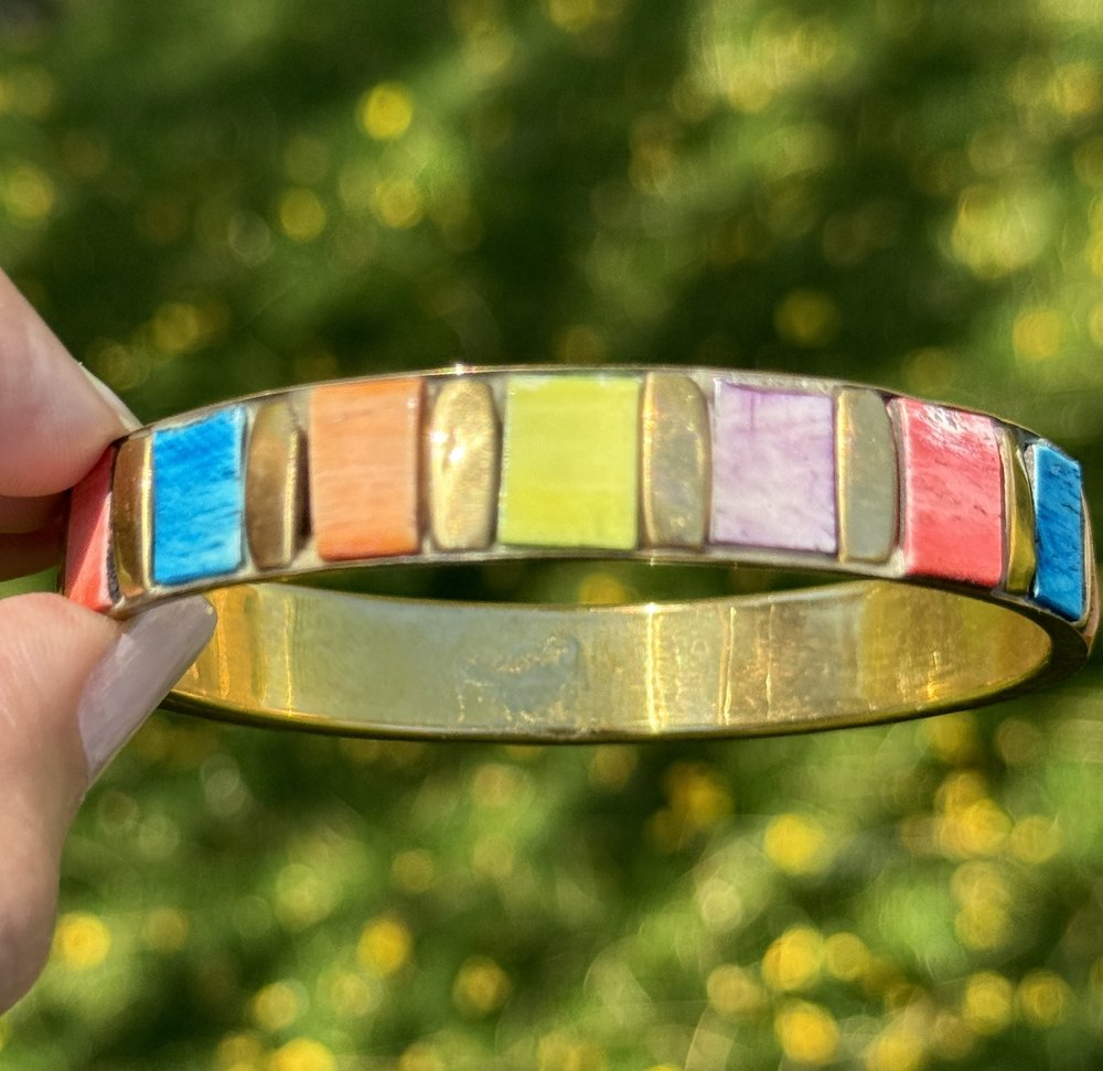 Gold Bangle with Three Rows of Colorful Rectangle
