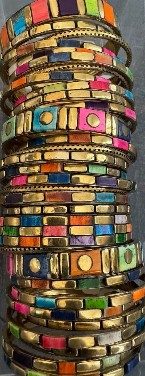 Gold Bangle with Three Rows of Colorful Rectangle