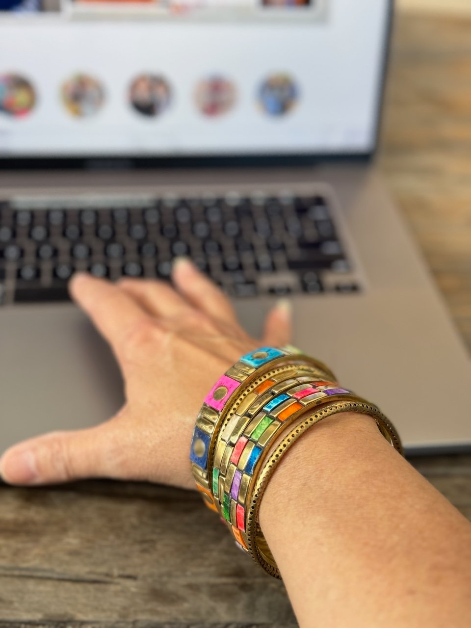 Gold Bangle with Three Rows of Colorful Rectangle