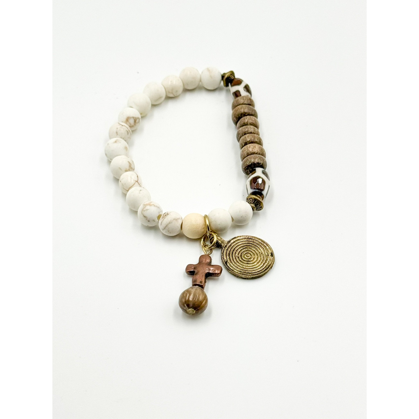 White Howlite, Coconut Wood and Giraffe Agate Beads with Chwabasi Seed and Broze Accent Charms