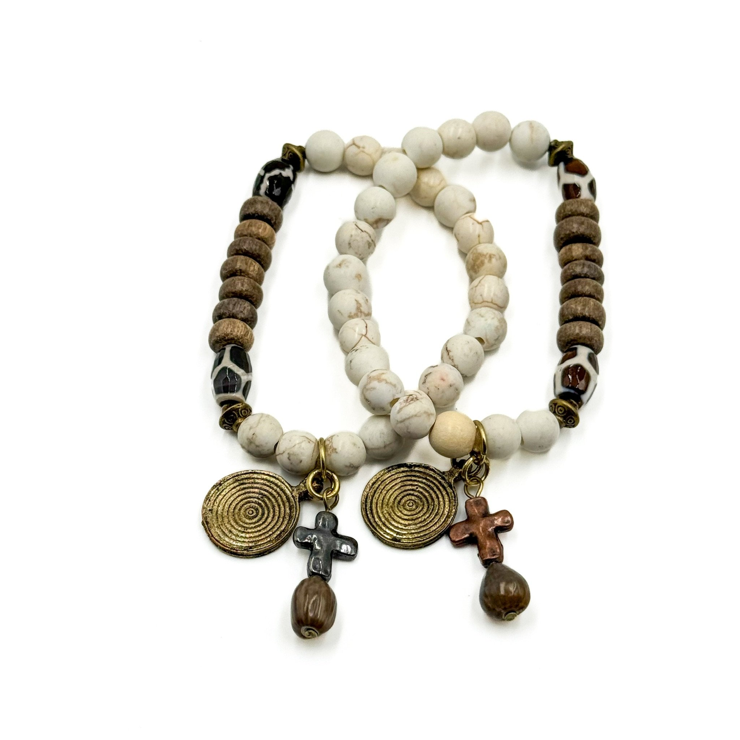 White Howlite, Coconut Wood and Giraffe Agate Beads with Chwabasi Seed and Broze Accent Charms