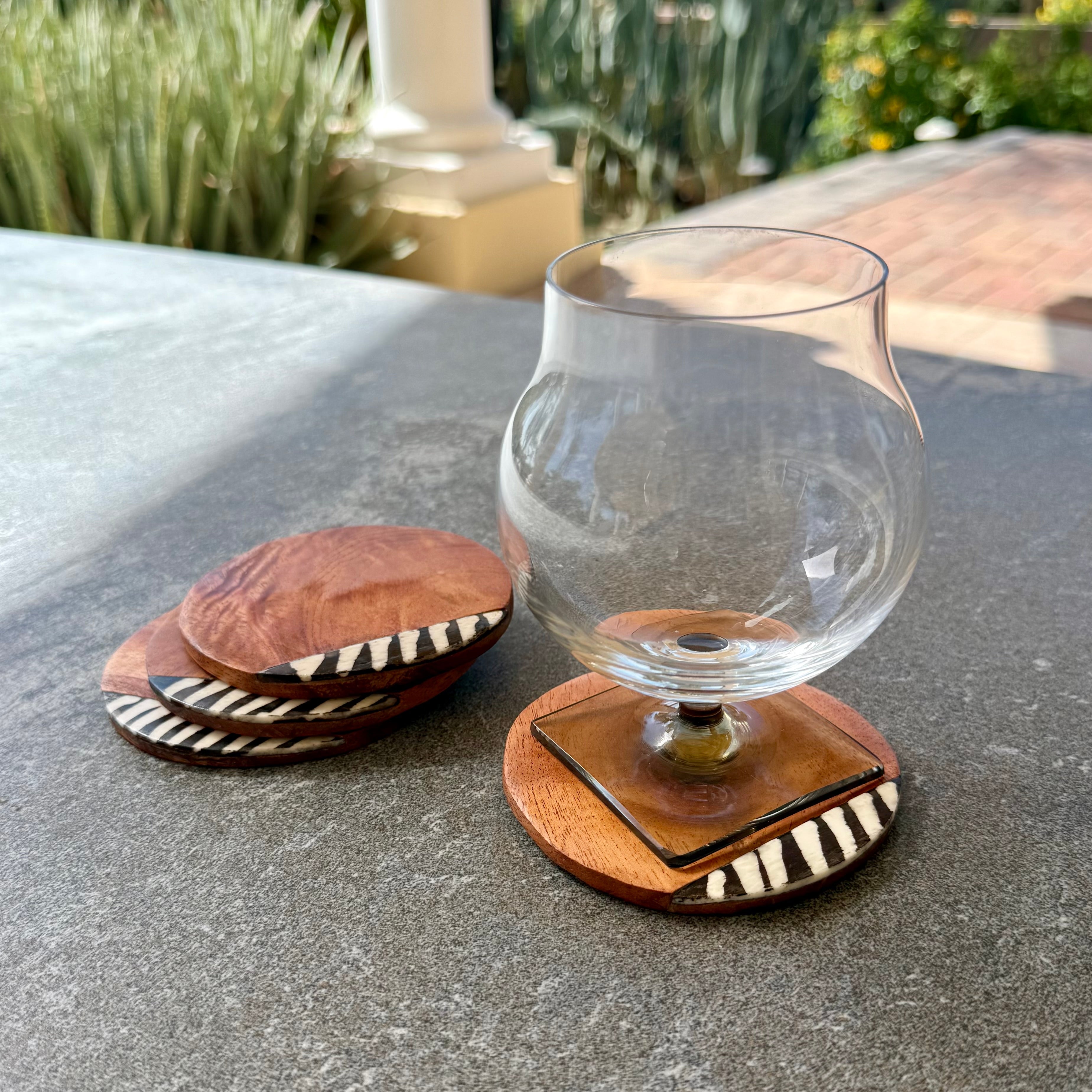 Rosewood & Bone Inlay Coaster Set – 4 Pack: Handcrafted Artistry for a Beautiful, Protected Home