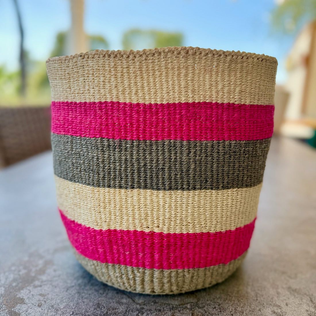 🧺 Kitui Basket – Large Handwoven (Magenta, Heather Grey, & Ecru Striped)
