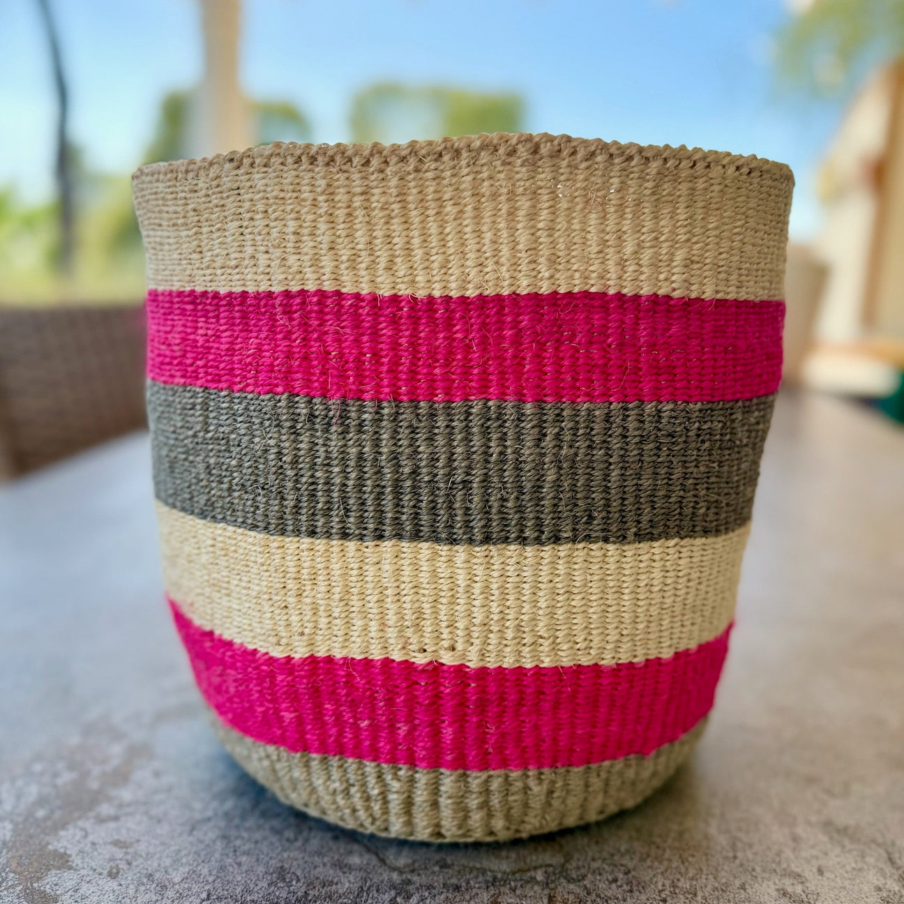 🧺 Kitui Basket – Large Handwoven (Magenta, Heather Grey, & Ecru Striped)