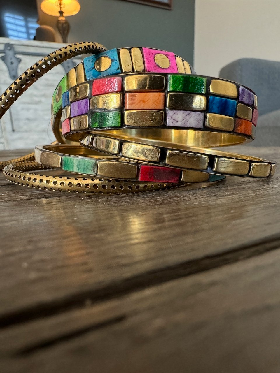 Gold Bangle with Three Rows of Colorful Rectangles – A Vibrant Statement Piece