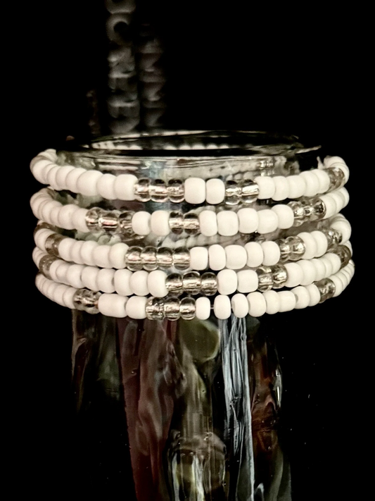 Stackable Bracelets – White & Silver | Handmade in Kenya for Positive Energy