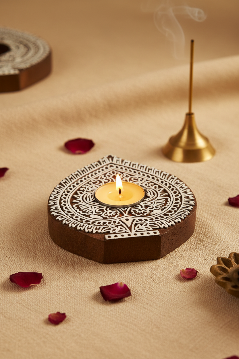 Diya Votive Hand Carved Wood Block — Artisan Candle Holder & Home Décor