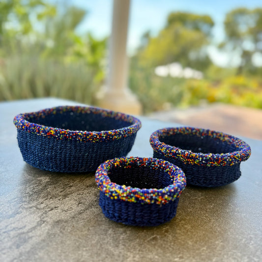 3-Piece Kitui Basket Set (Blue w/ Beaded Multicolored Trim)