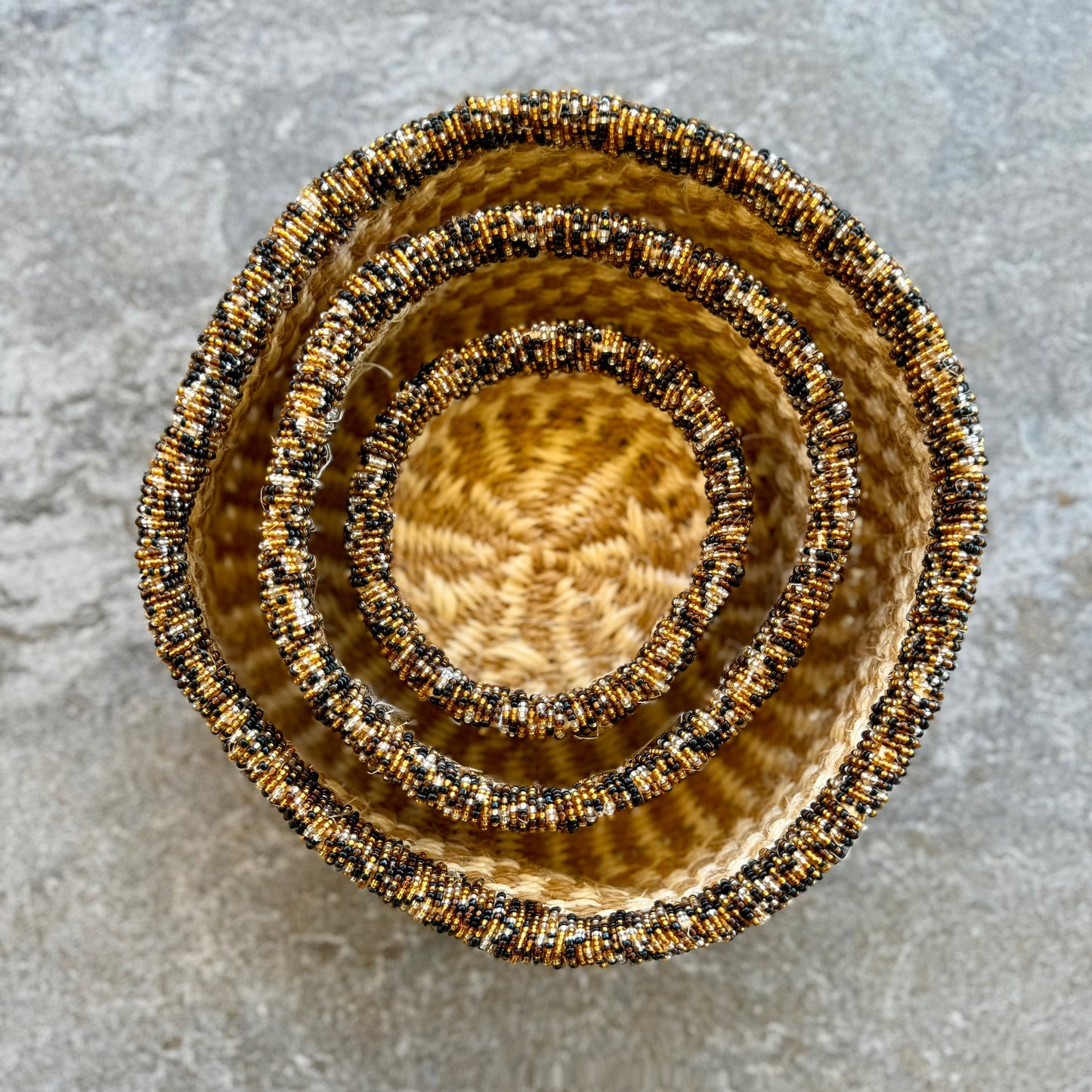 3-Piece Kitui Basket Set (Ecru Natural Checkered Weave w/ Beaded Honeycomb Trim)