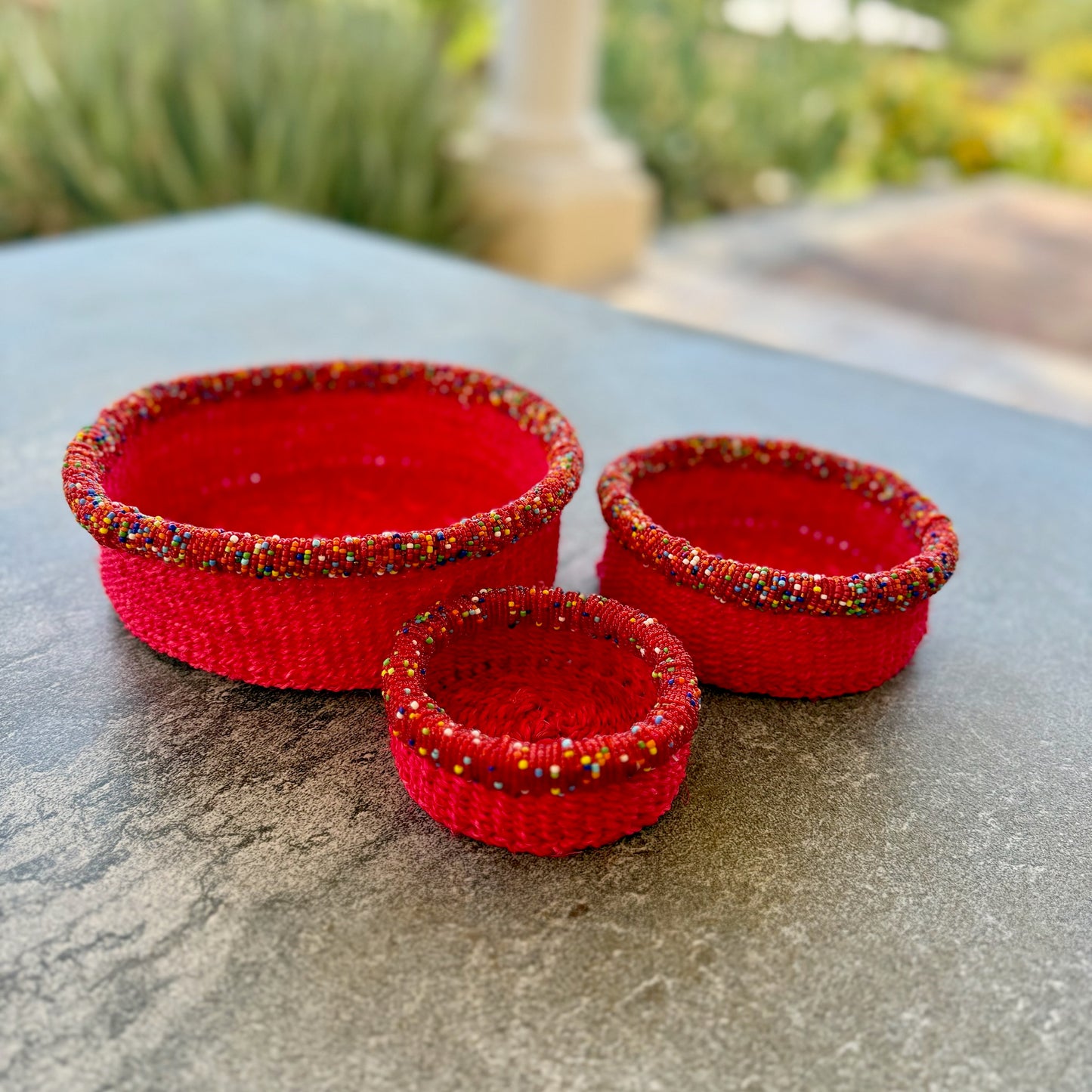 3-Piece Kitui Basket Set (Red w/ Beaded Multicolored Trim)