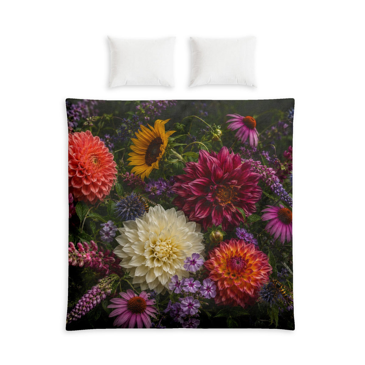 Floral Garden Cotton Bed Set – Duvet Cover with Vibrant Dahlia & Sunflower Print