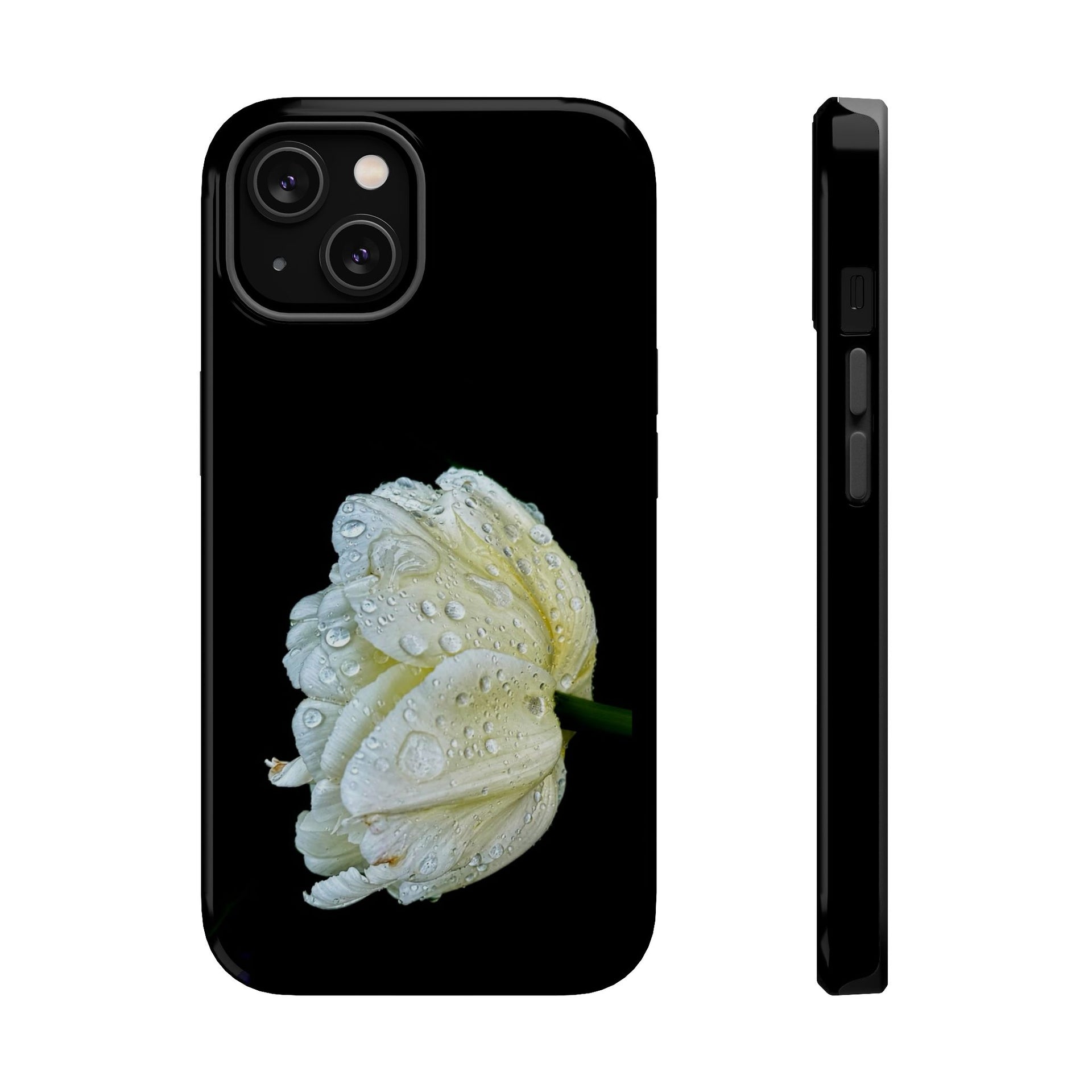 Magnetic Impact-Resistant Phone Case — White Dewy Tulip on Black Background