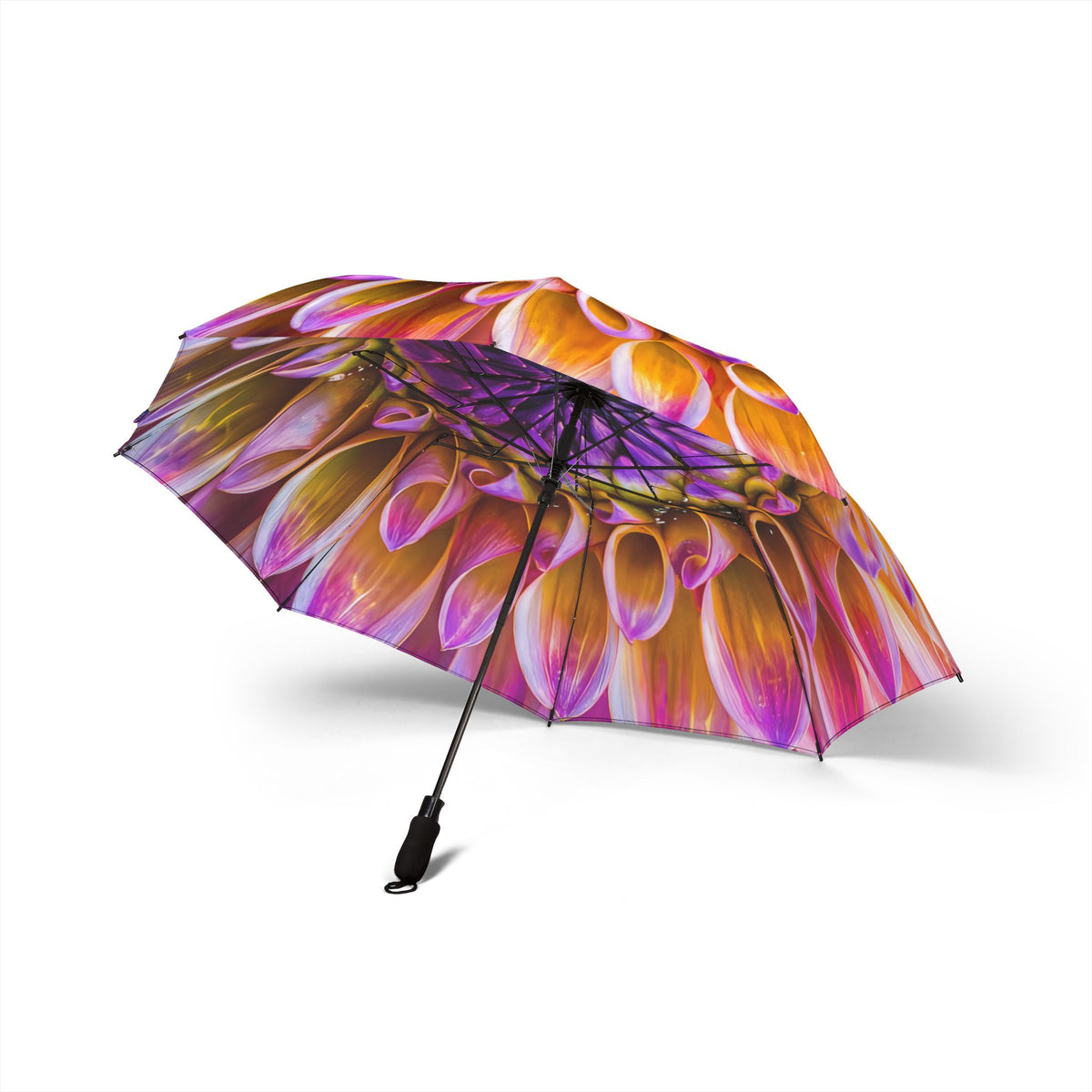 Floral Burst Foldable Umbrella — Maggie’s Purple & Orange Dahlia Print