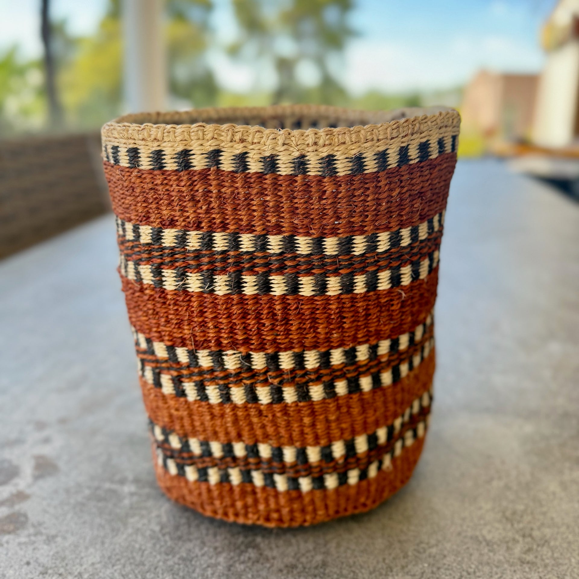 Kitui Basket – Medium Handwoven (Sienna & Espresso Caramel Checker Band Weave)