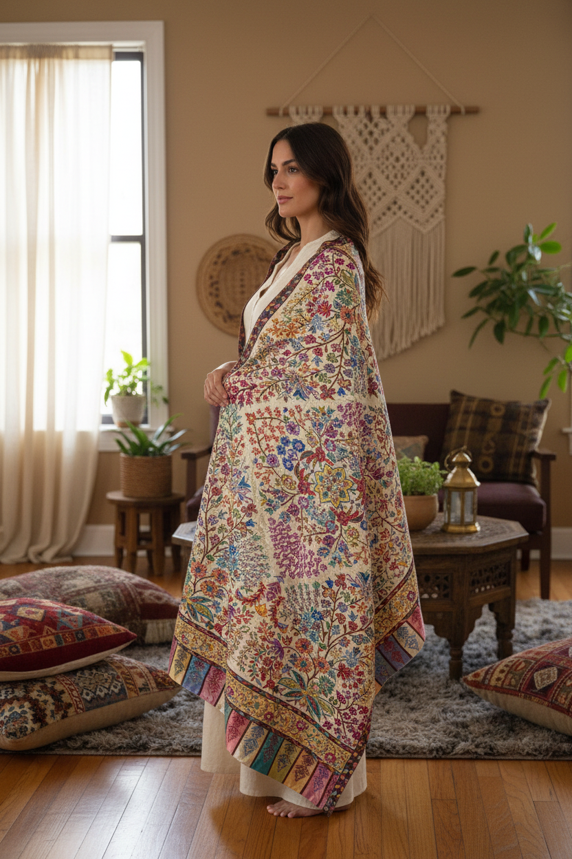 Garden of Eden Hand-Embroidered Silk Shawl