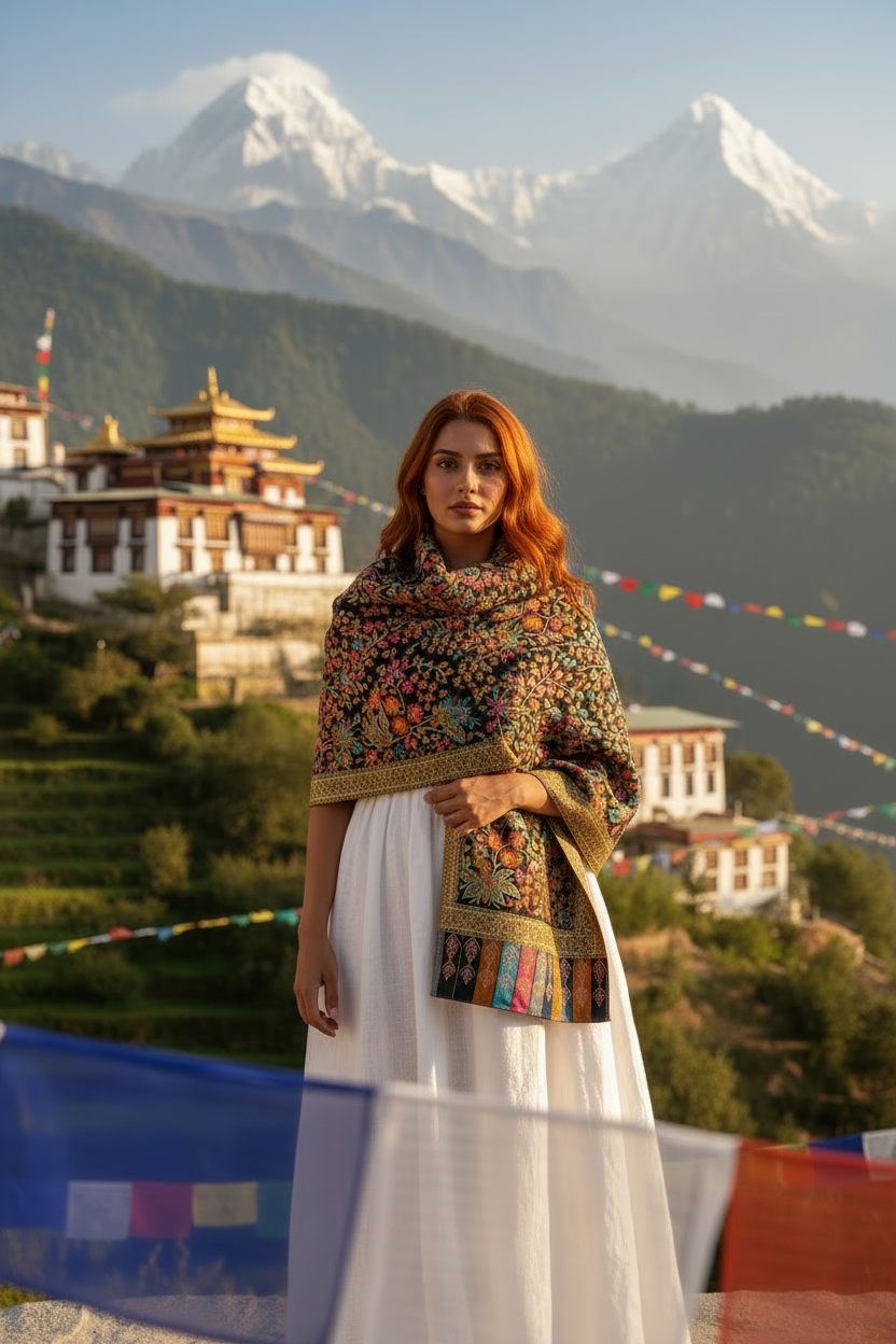 Midnight Garden Zari-Embroidered Pashmina Shawl — Dharamsala