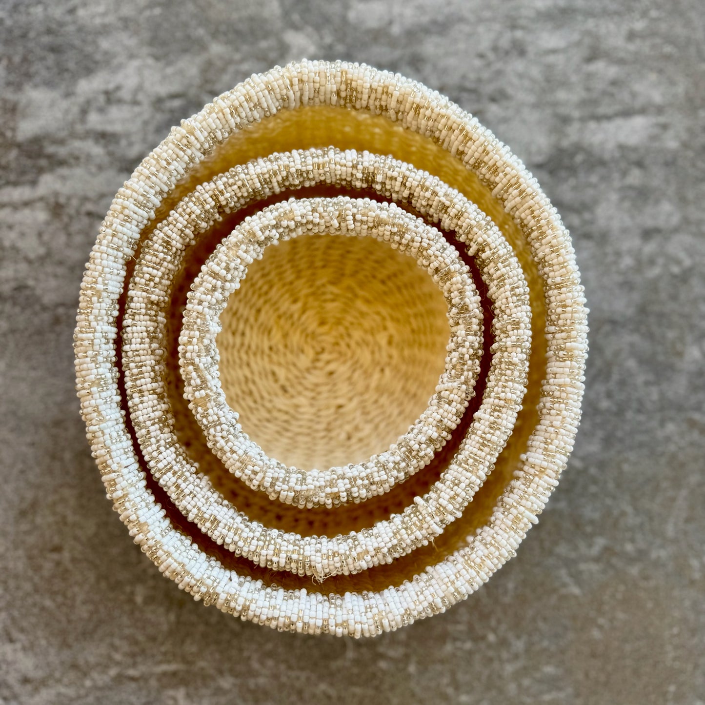 3-Piece Kitui Basket Set (Natural w/ Beaded Champagne Trim)