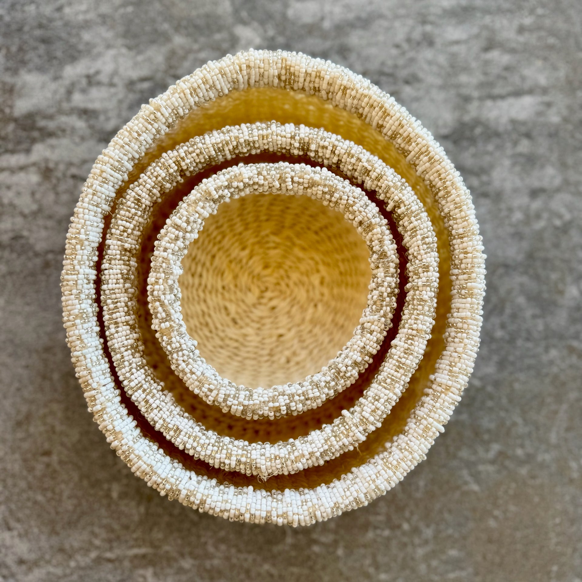 3-Piece Kitui Basket Set (Natural w/ Beaded Champagne Trim)