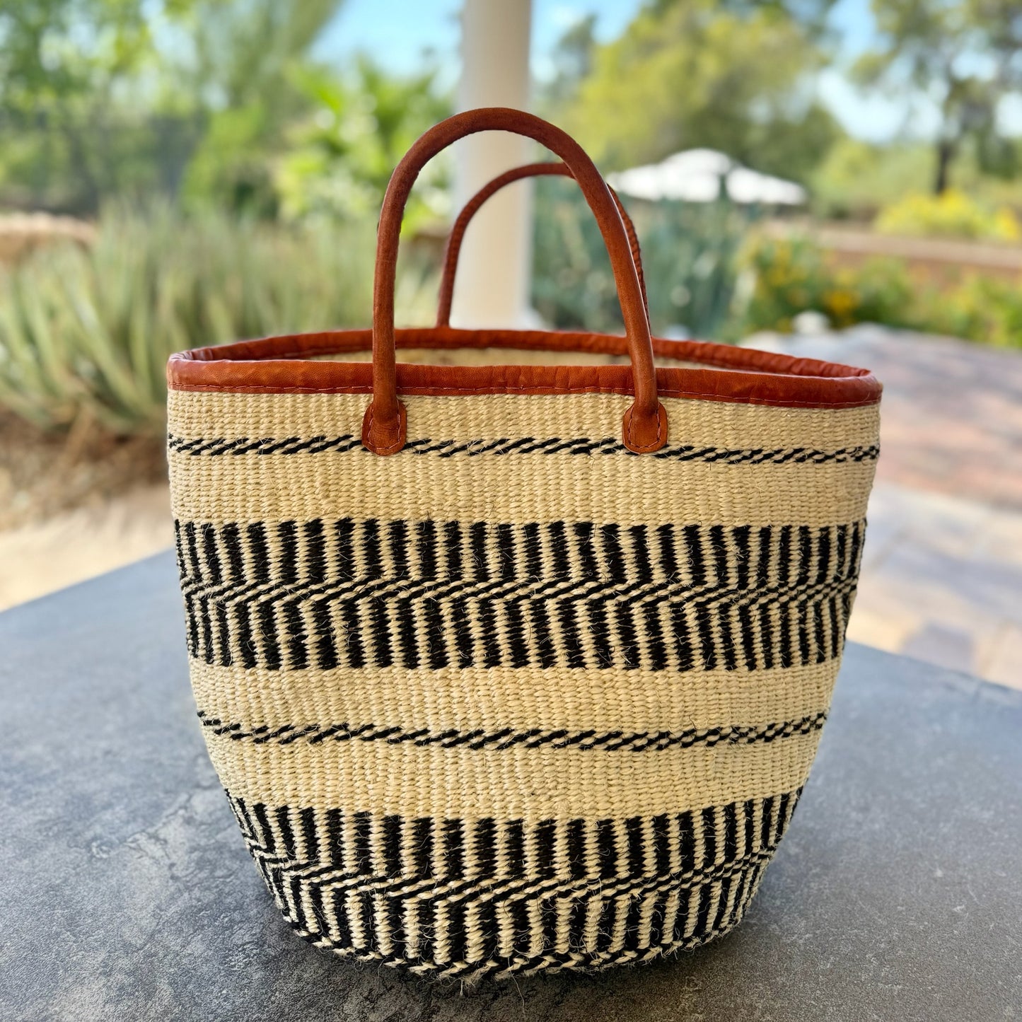 Kitui Basket - Large Open w/ Leather Trim & Handles (Ecru & Onyx Chevron Stripe)
