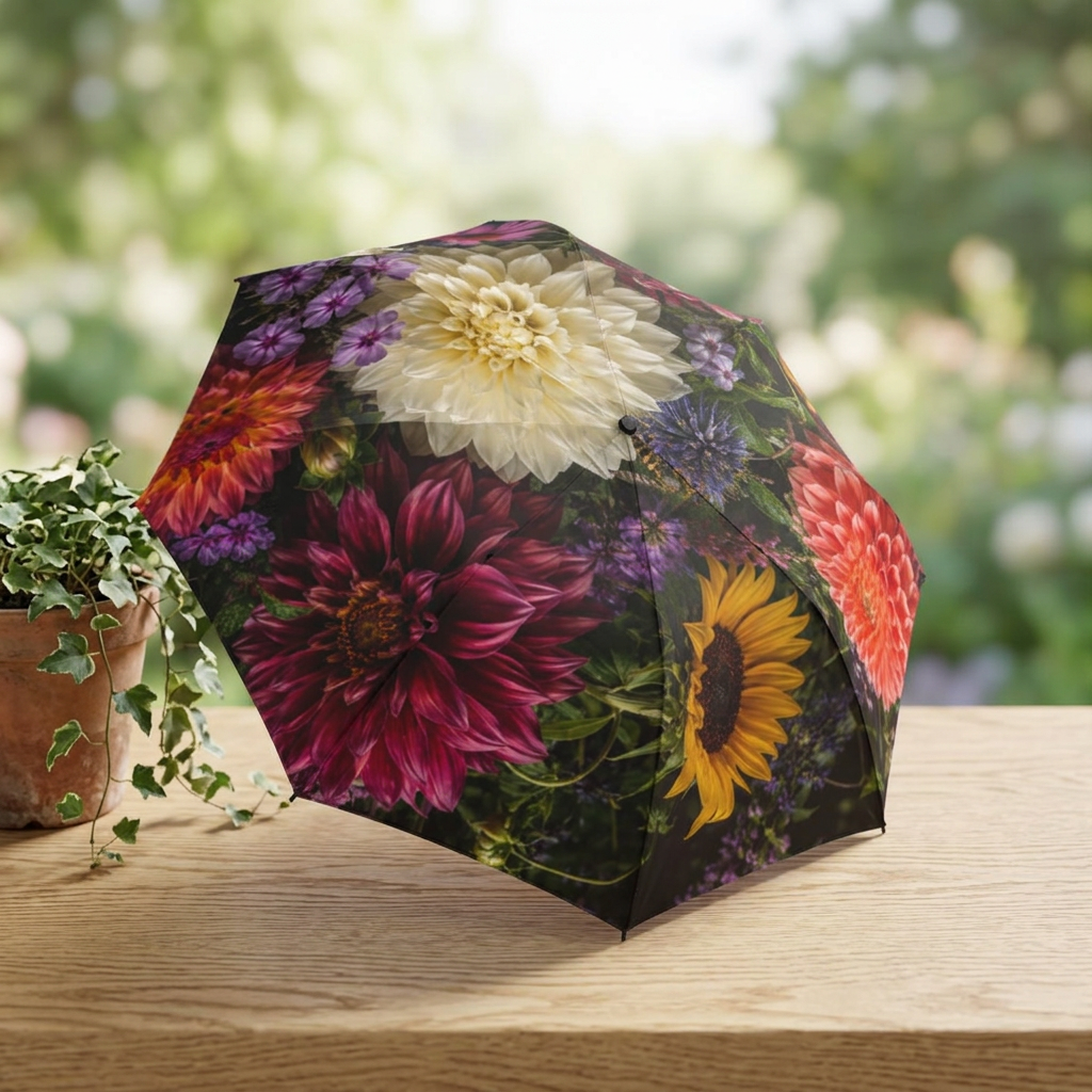 Floral Bouquet Foldable Umbrella — Vibrant Dahlia & Sunflower (Photo: Maggie’s Collection)