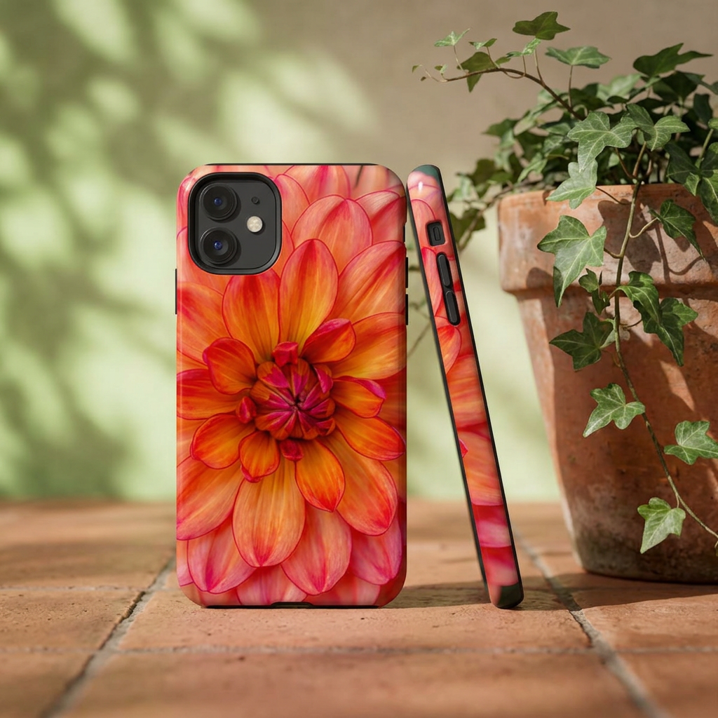 Floral Dahlia Tough Phone Case — Vibrant Orange Red Flower Protective Cover