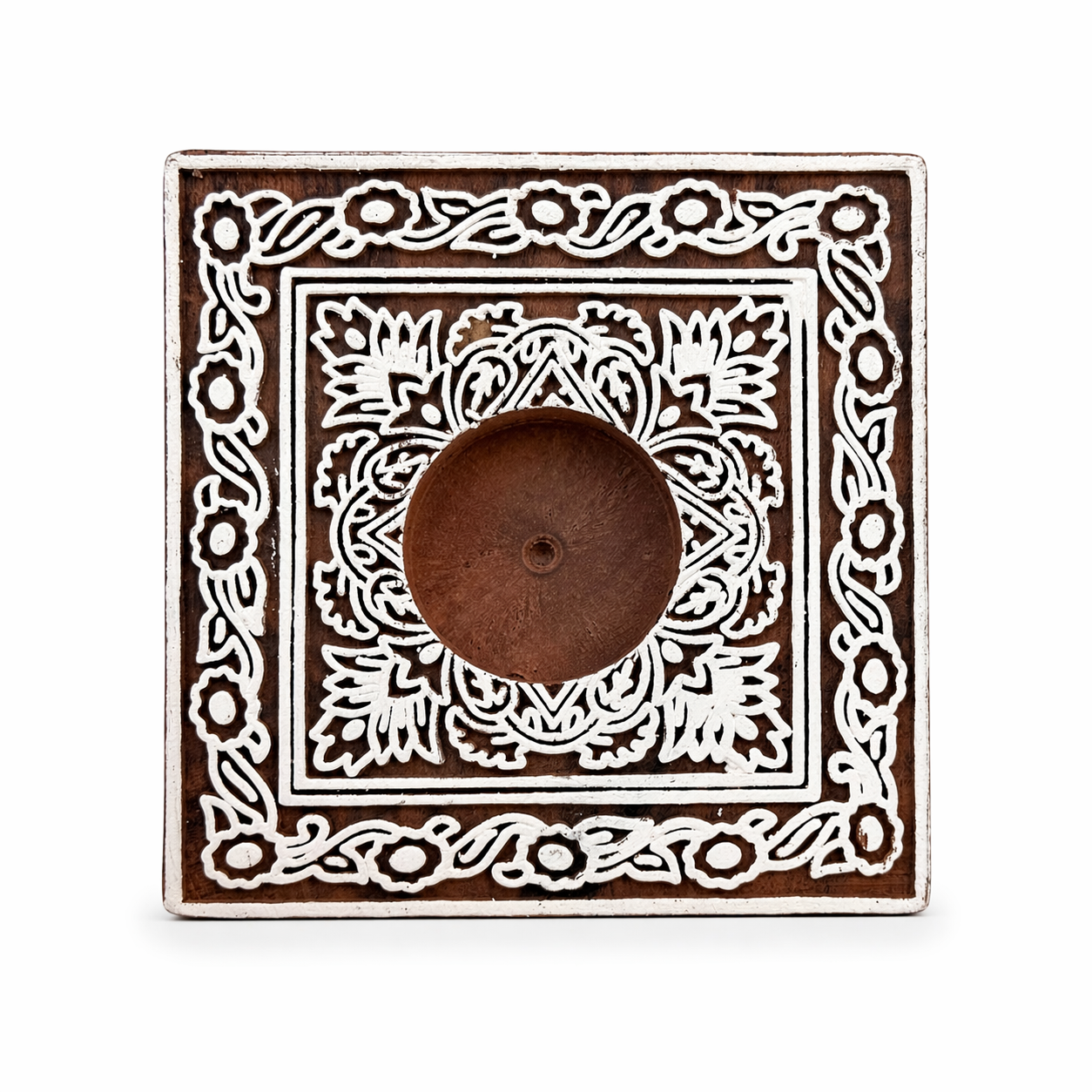 Square Floral Hand Carved Wood Block — Artisan Votive Holder & Home Décor