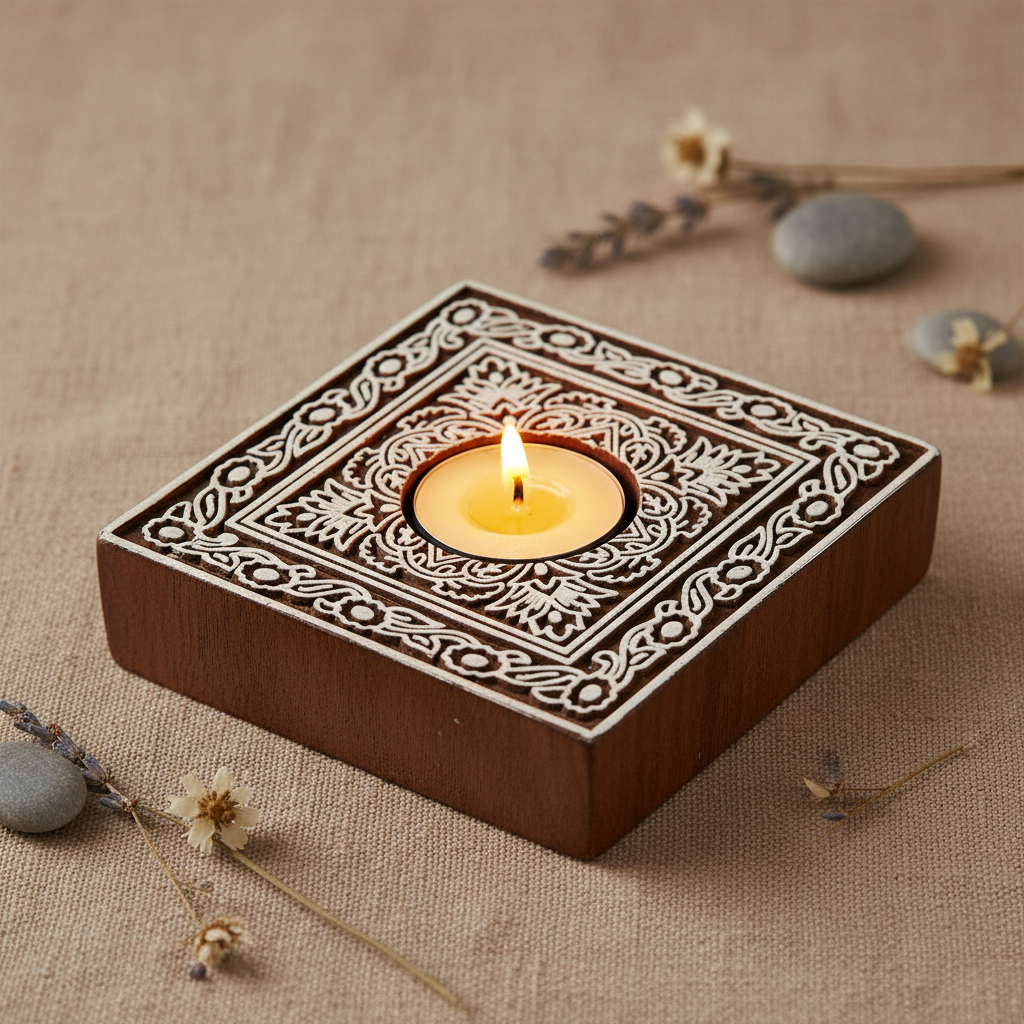 Square Floral Hand Carved Wood Block — Artisan Votive Holder & Home Décor