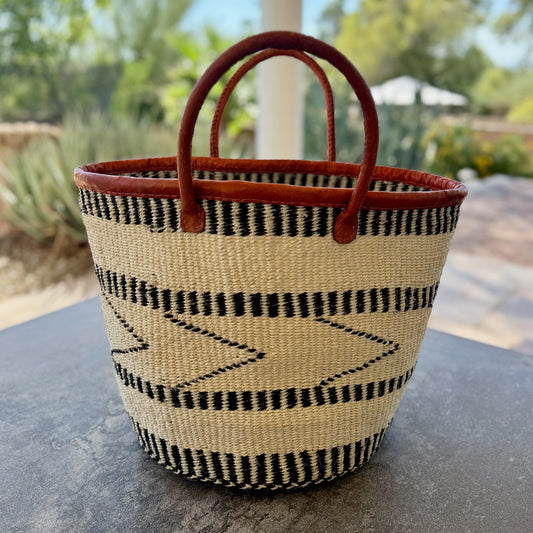 Kitui Basket - Large Open w/ Leather Trim & Handles (Ecru Onyx Arrow Striped)