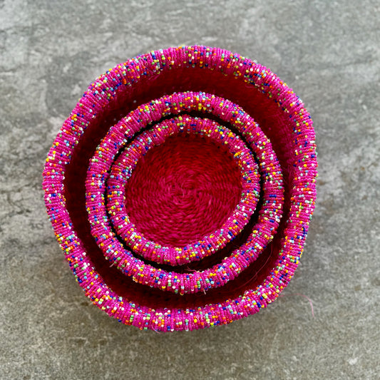 3-Piece Kitui Basket Set (Pink w/ Beaded Multicolored Trim)