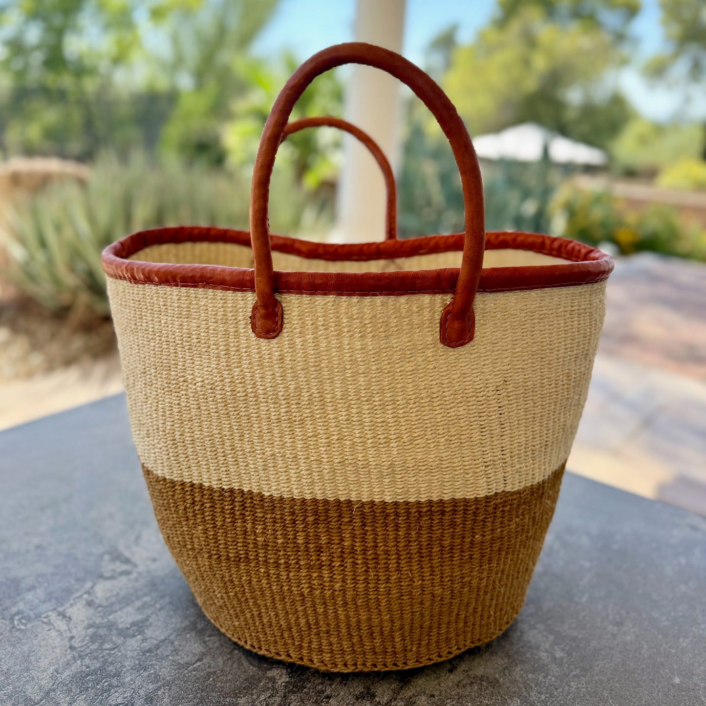 Kitui Basket - Large Open w/ Leather Trim & Handles (Ecru & Sienna Split)