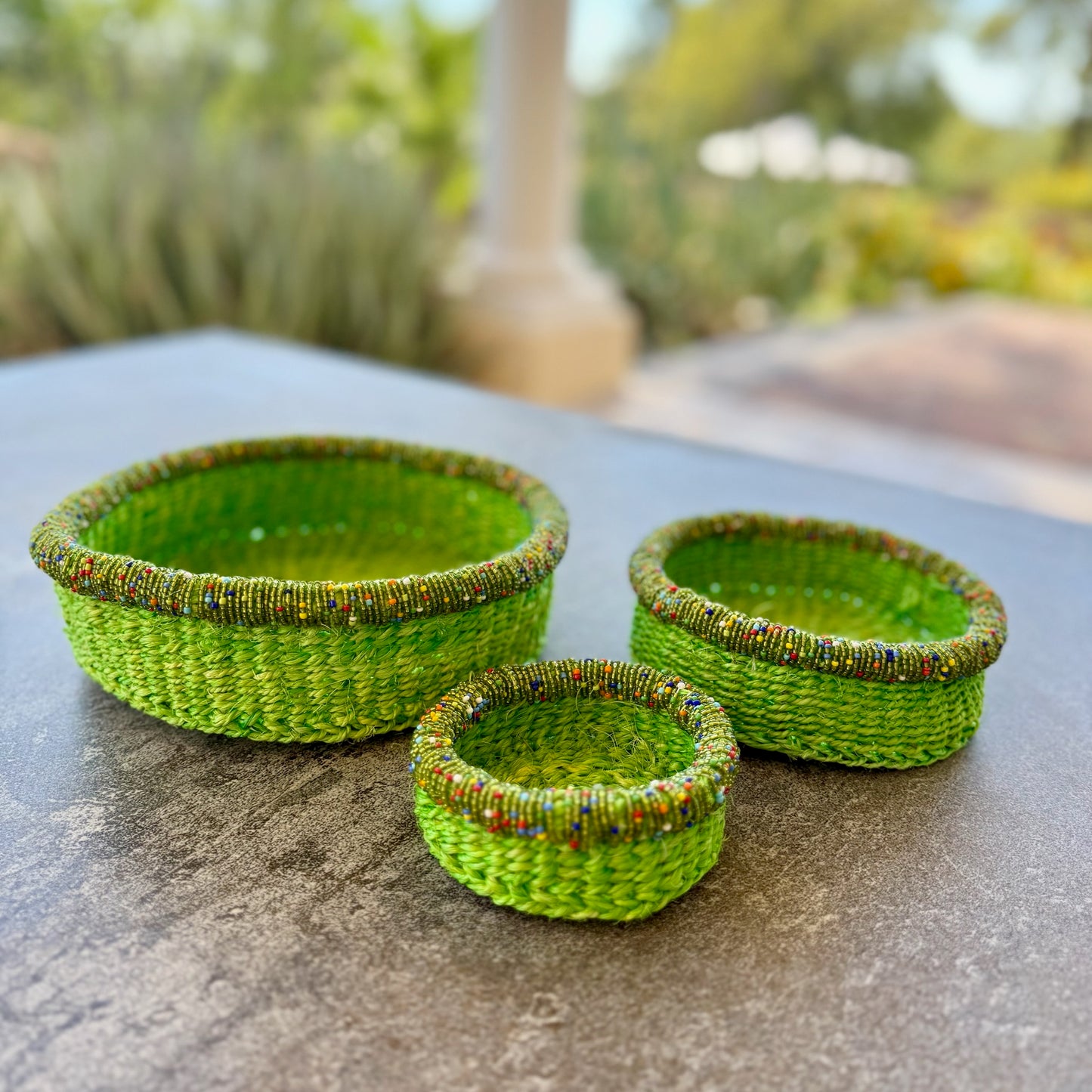 3-Piece Kitui Basket Set (Lime Green w/ Beaded Multicolored Trim)