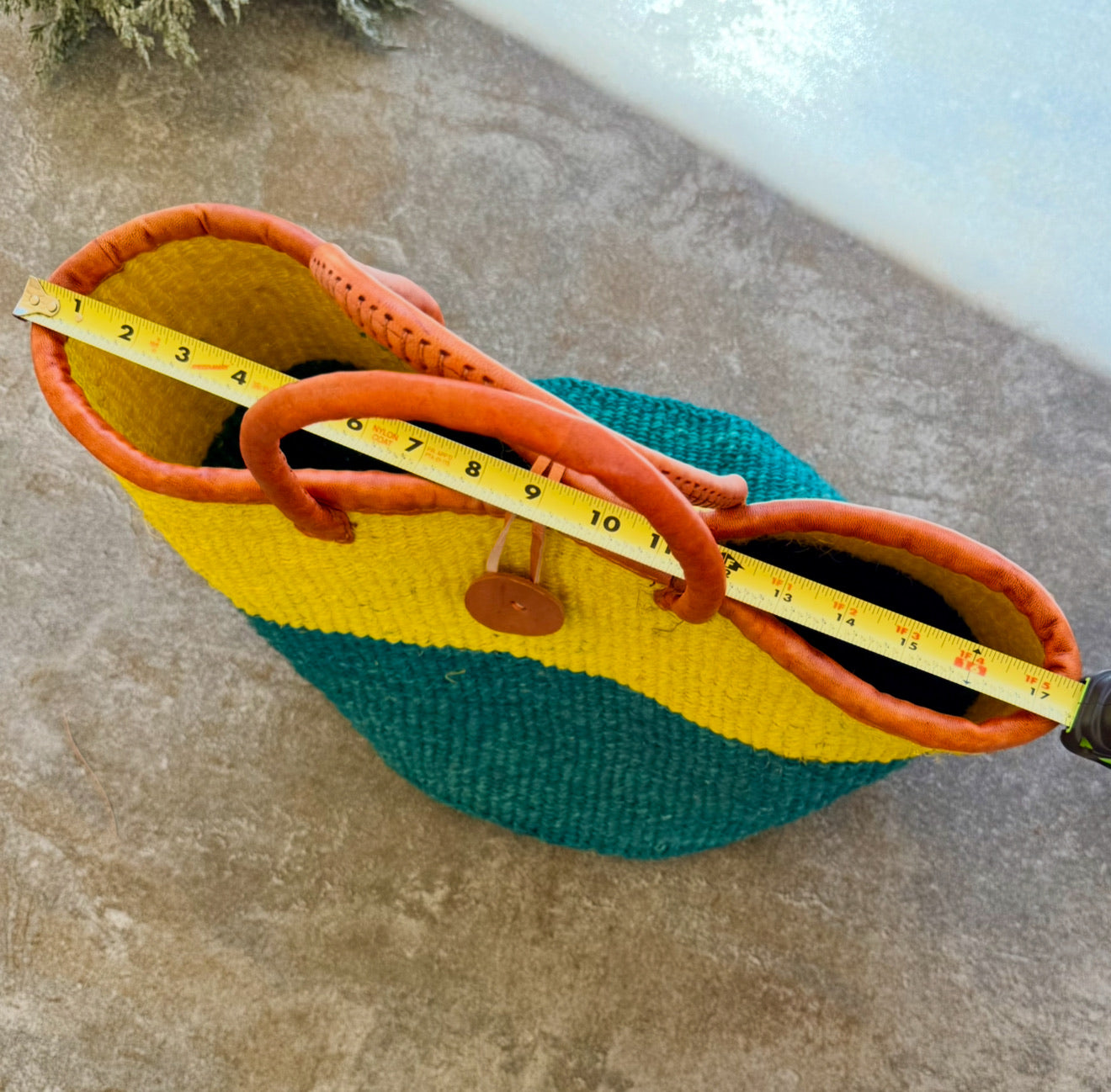 Kitui Basket – Medium Handwoven w/ Leather Trim & Handle (Sunshine & Jungle Green Split)