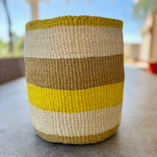 Kitui Basket – Large Handwoven (Sunshine, Caramel, & Ecru Striped)