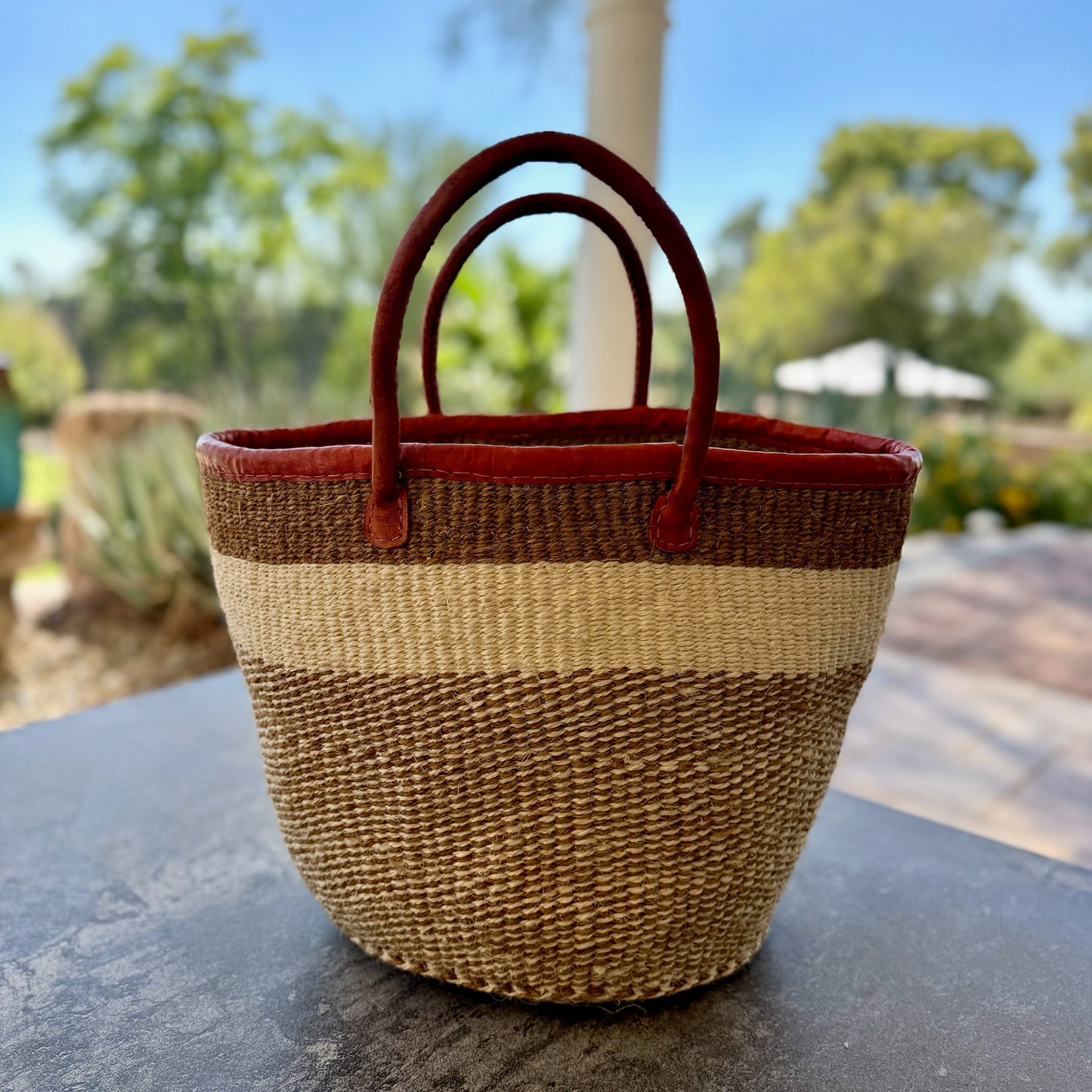 Kitui Basket - Large Open w/ Leather Trim & Handles (Ecru & Sienna Base Woven and Top Striped)