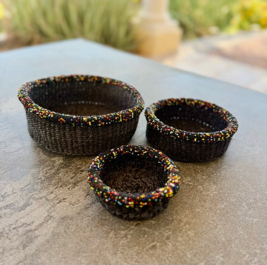 3-Piece Kitui Basket Set (Black w/ Beaded Multicolor Trim)