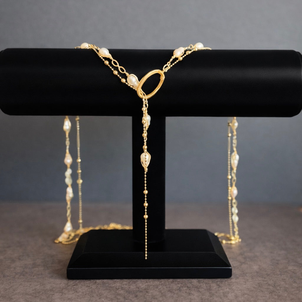 Golden Halo Pearl Lariat Necklace