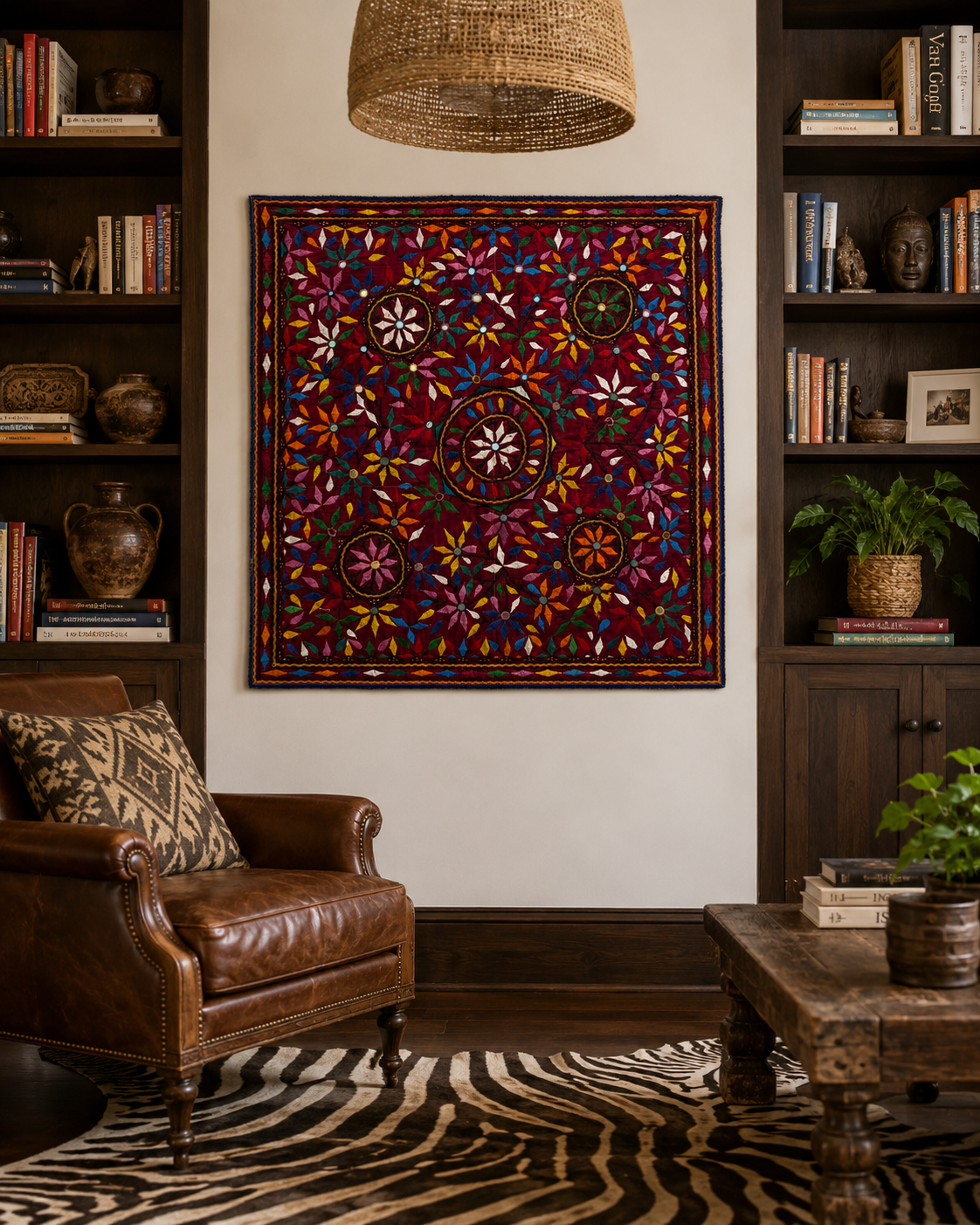 Aari Mirror Work Embroidered Textile — 40×40" Wall Hanging or Throw