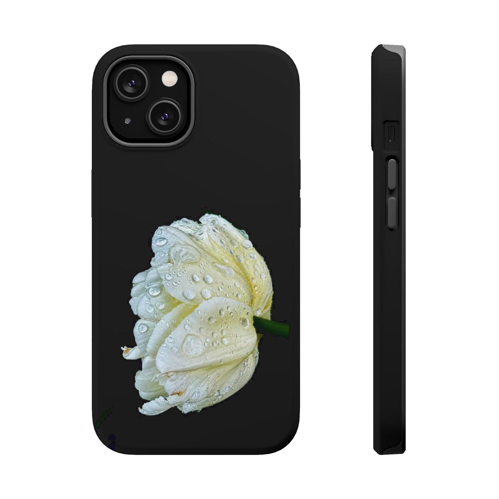 Magnetic Impact-Resistant Phone Case — White Dewy Tulip on Black Background