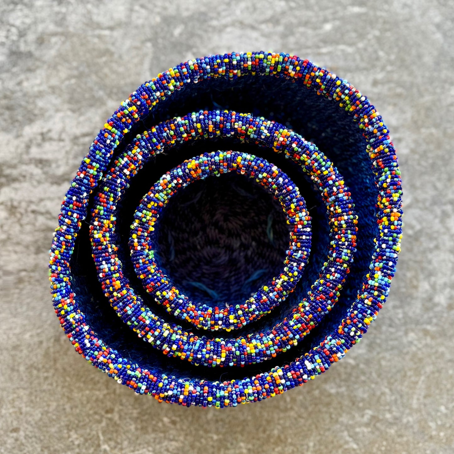 3-Piece Kitui Basket Set (Blue w/ Beaded Multicolored Trim)